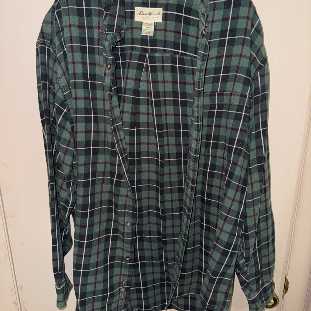 Eddie Bauer Green and Black Casual Button Down Shirt